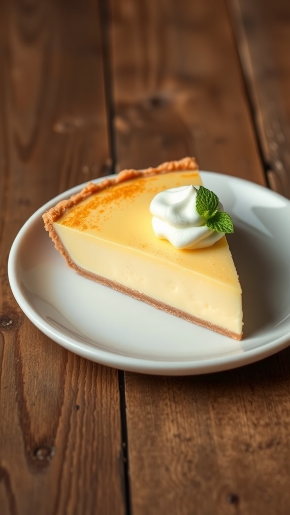 A slice of crustless egg custard pie with whipped cream and mint on a rustic table.